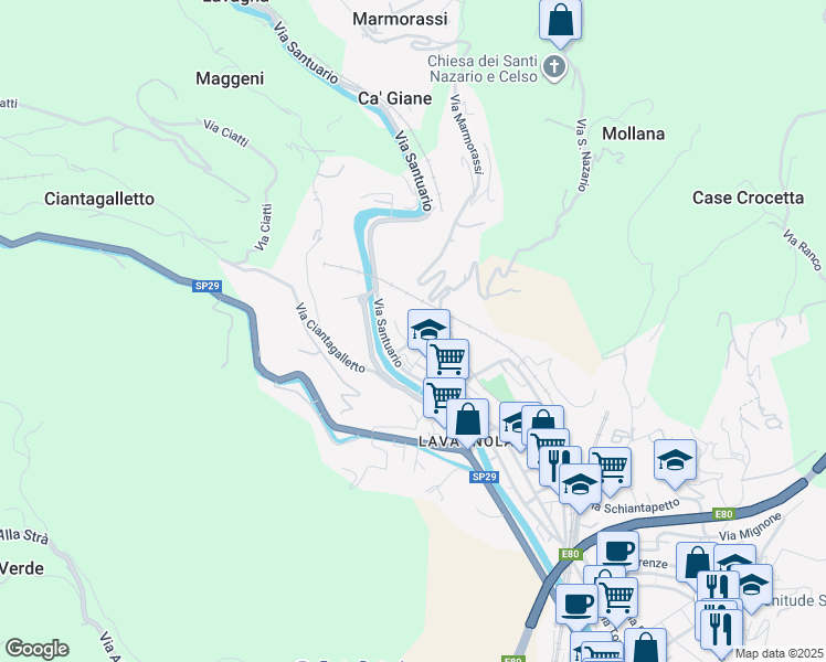 map of restaurants, bars, coffee shops, grocery stores, and more near 22 Via Santuario in Savona
