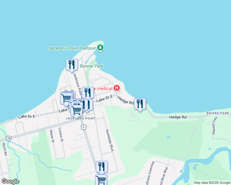 map of restaurants, bars, coffee shops, grocery stores, and more near 3 Hedge Road in Georgina