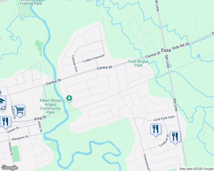 map of restaurants, bars, coffee shops, grocery stores, and more near 109 Malcolm Street in Essa