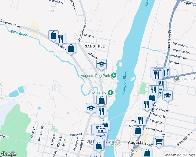 map of restaurants, bars, coffee shops, grocery stores, and more near 2 Northern Avenue in Augusta