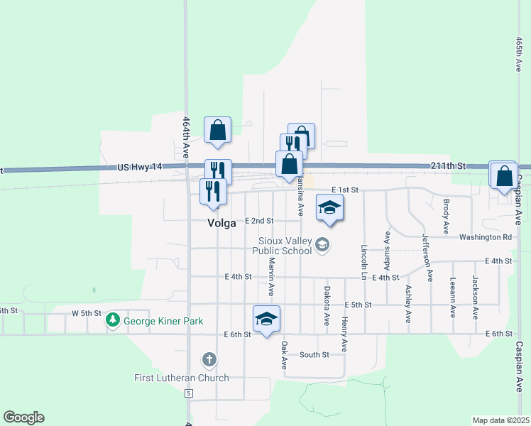 map of restaurants, bars, coffee shops, grocery stores, and more near 203 Marvin Avenue in Volga