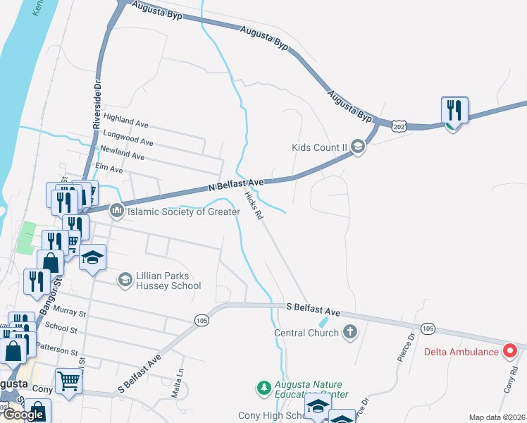 map of restaurants, bars, coffee shops, grocery stores, and more near 26 Hicks Road in Augusta