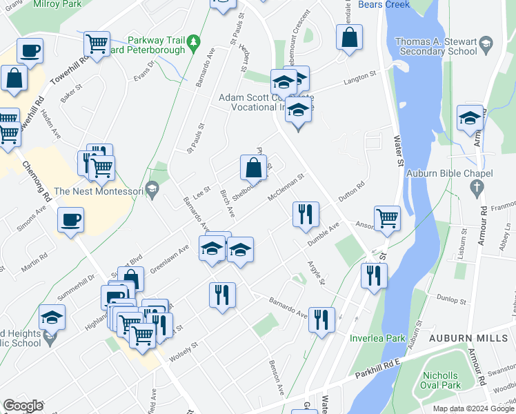 map of restaurants, bars, coffee shops, grocery stores, and more near McClennan Street in Peterborough
