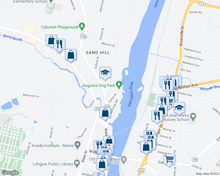 map of restaurants, bars, coffee shops, grocery stores, and more near 5 York Street in Augusta