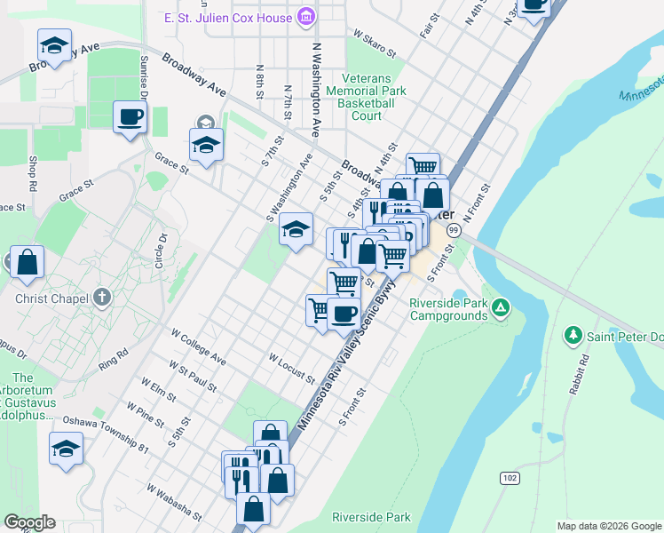 map of restaurants, bars, coffee shops, grocery stores, and more near 412 South 3rd Street in Saint Peter