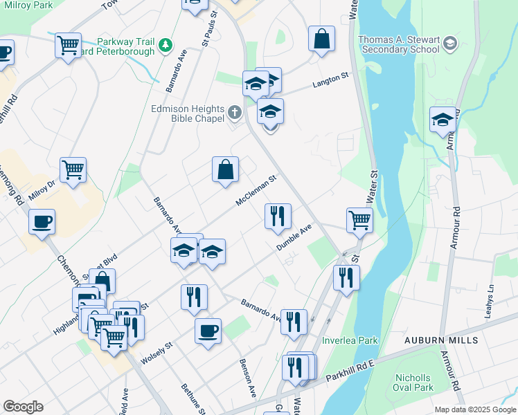 map of restaurants, bars, coffee shops, grocery stores, and more near 170 Elizabeth Avenue in Peterborough