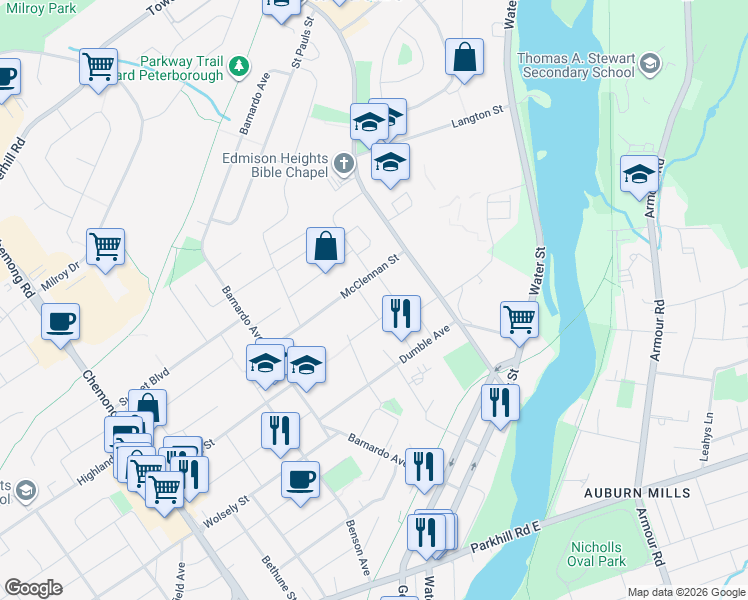 map of restaurants, bars, coffee shops, grocery stores, and more near 848 Gilbert Street in Peterborough