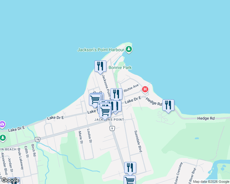 map of restaurants, bars, coffee shops, grocery stores, and more near 20 Lorne Street in Georgina