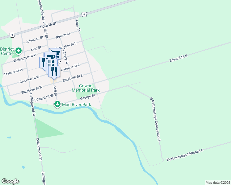 map of restaurants, bars, coffee shops, grocery stores, and more near 61 George Street in Creemore