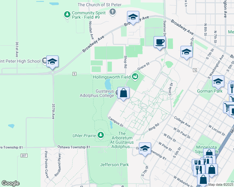 map of restaurants, bars, coffee shops, grocery stores, and more near 800 West College Avenue in Saint Peter