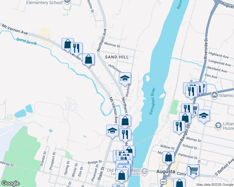 map of restaurants, bars, coffee shops, grocery stores, and more near 38 Mount Vernon Avenue in Augusta