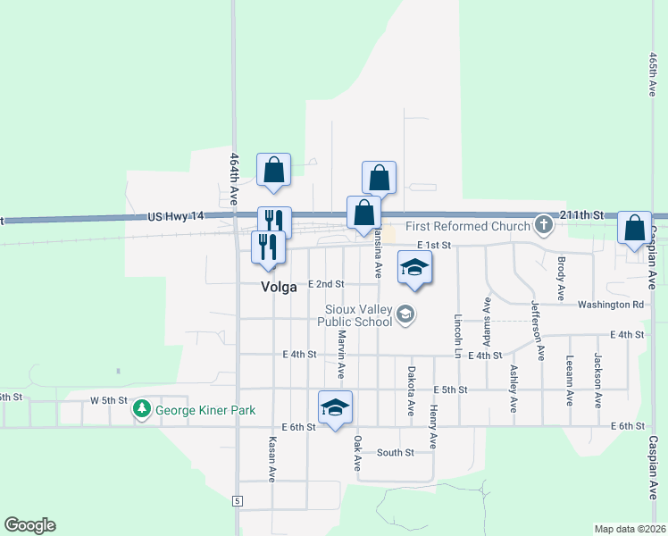 map of restaurants, bars, coffee shops, grocery stores, and more near 203 Marvin Avenue in Volga