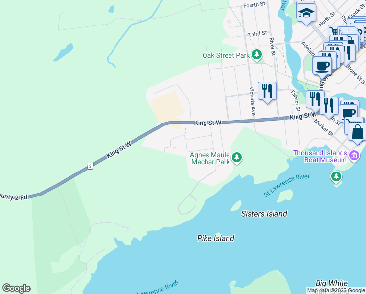 map of restaurants, bars, coffee shops, grocery stores, and more near 40 Ontario Street in Gananoque