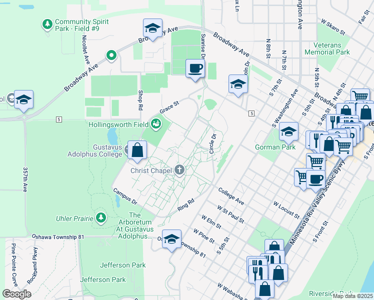 map of restaurants, bars, coffee shops, grocery stores, and more near 800 West College Avenue in Saint Peter