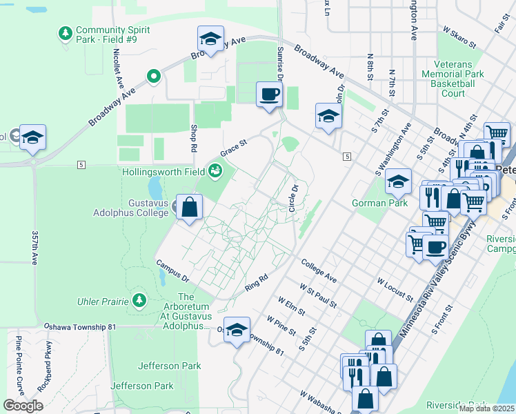map of restaurants, bars, coffee shops, grocery stores, and more near 800 West College Avenue in Saint Peter