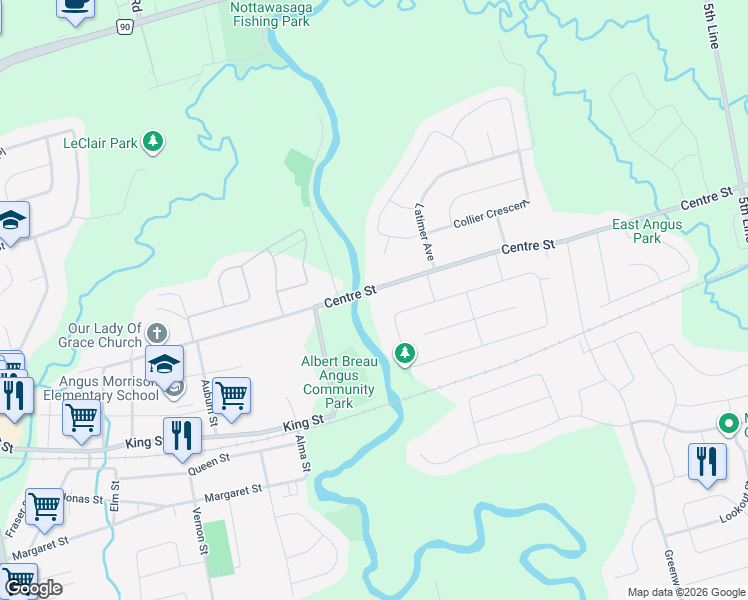 map of restaurants, bars, coffee shops, grocery stores, and more near 190 Centre Street in Essa