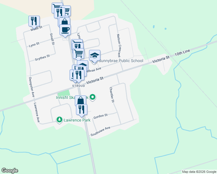 map of restaurants, bars, coffee shops, grocery stores, and more near 2114 Chantler Street in Innisfil