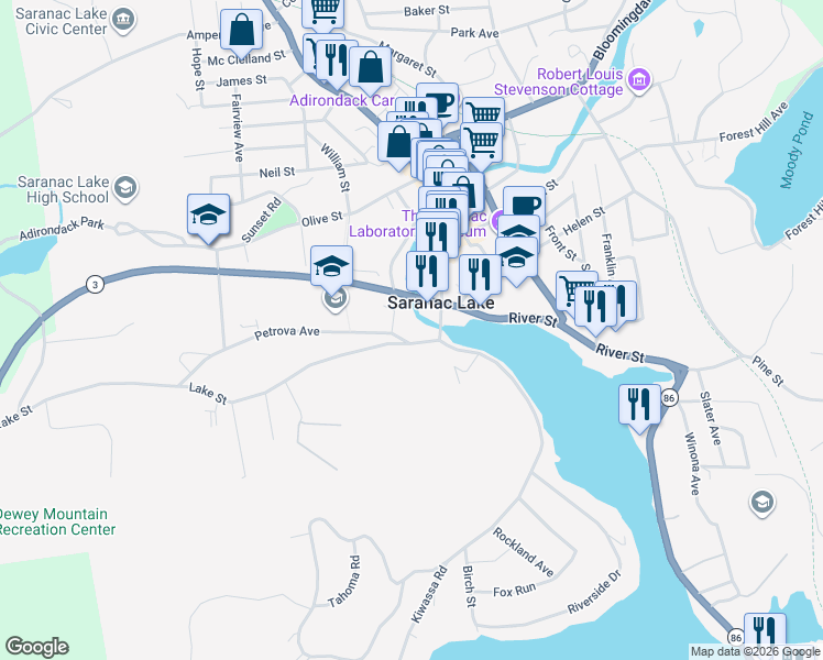 map of restaurants, bars, coffee shops, grocery stores, and more near 13 Main Street in Saranac Lake