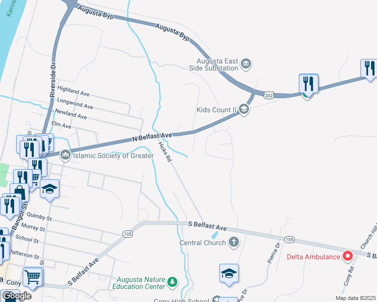 map of restaurants, bars, coffee shops, grocery stores, and more near 2097 North Belfast Avenue in Augusta