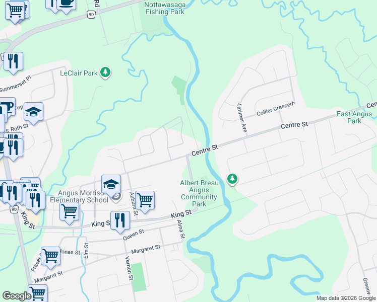 map of restaurants, bars, coffee shops, grocery stores, and more near 129 Centre Street in Angus