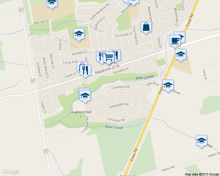 map of restaurants, bars, coffee shops, grocery stores, and more near 40 Columbia Road in Barrie