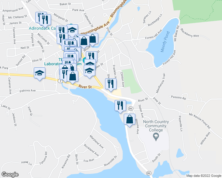 map of restaurants, bars, coffee shops, grocery stores, and more near 15 South St in Saranac Lake