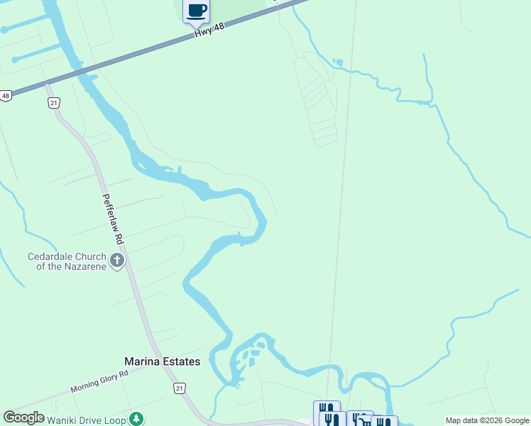 map of restaurants, bars, coffee shops, grocery stores, and more near 104 Riverbank Drive in Georgina