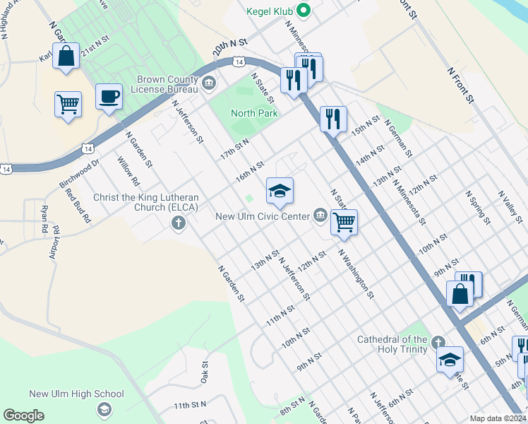 map of restaurants, bars, coffee shops, grocery stores, and more near 910 14th North Street in New Ulm