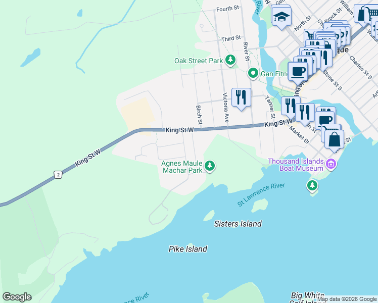 map of restaurants, bars, coffee shops, grocery stores, and more near 41 Maple Street South in Gananoque