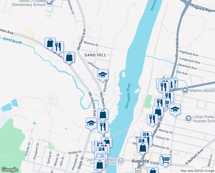 map of restaurants, bars, coffee shops, grocery stores, and more near 6 Waldo Street in Augusta