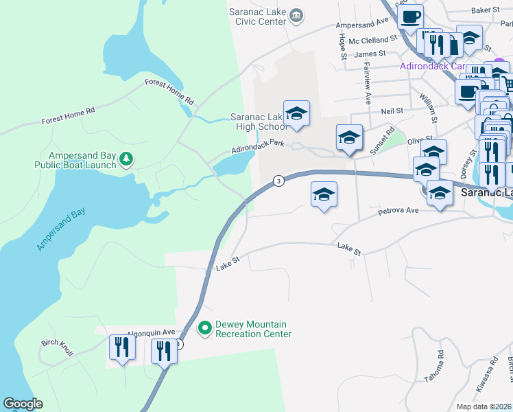 map of restaurants, bars, coffee shops, grocery stores, and more near 78-80 Edgewood Road in Saranac Lake