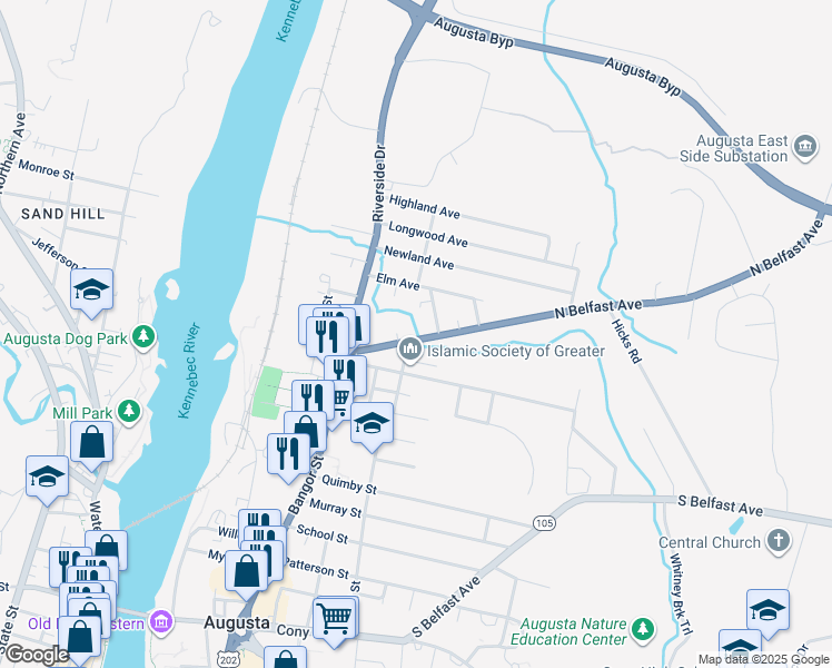 map of restaurants, bars, coffee shops, grocery stores, and more near 14 Spaulding Street in Augusta