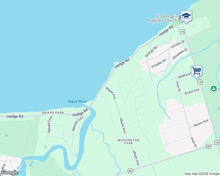 map of restaurants, bars, coffee shops, grocery stores, and more near 131 Maple Avenue in Georgina