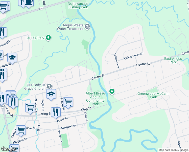 map of restaurants, bars, coffee shops, grocery stores, and more near 179 Centre Street in Angus