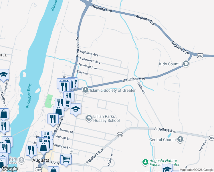 map of restaurants, bars, coffee shops, grocery stores, and more near 2067 North Belfast Avenue in Augusta