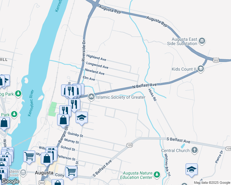 map of restaurants, bars, coffee shops, grocery stores, and more near 2067 North Belfast Avenue in Augusta