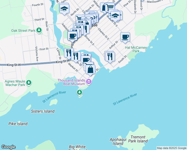 map of restaurants, bars, coffee shops, grocery stores, and more near 280 Main Street in Gananoque