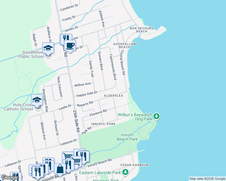 map of restaurants, bars, coffee shops, grocery stores, and more near 705 Happy Vale Drive in Innisfil