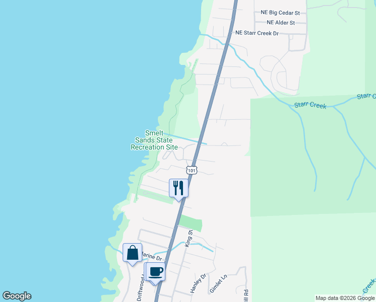 map of restaurants, bars, coffee shops, grocery stores, and more near 2088-2090 Overleaf Loop in Yachats
