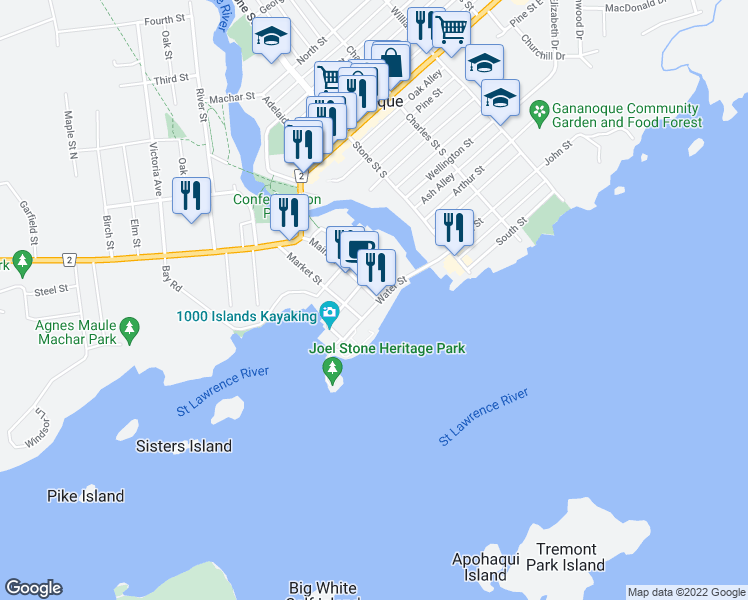 map of restaurants, bars, coffee shops, grocery stores, and more near 280 Main Street in Gananoque
