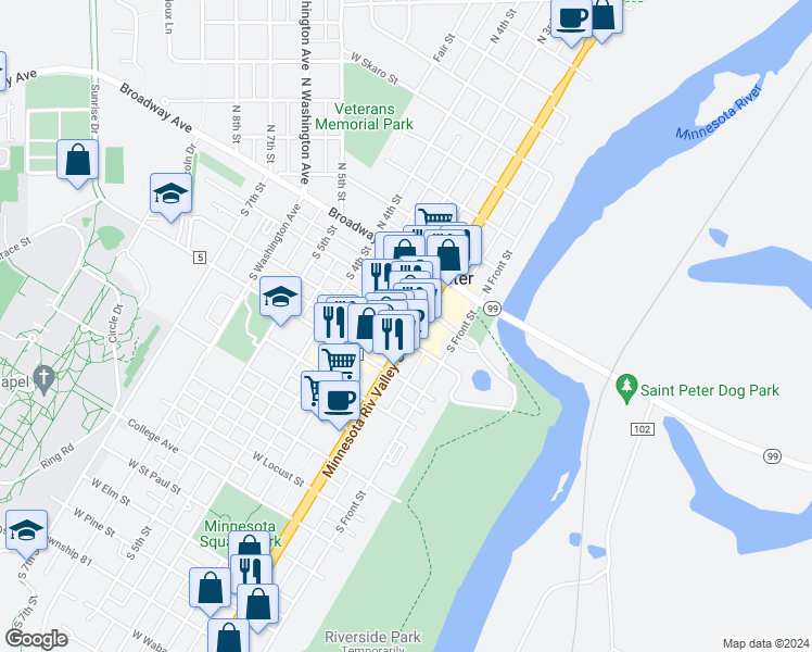 map of restaurants, bars, coffee shops, grocery stores, and more near 200 South Minnesota Avenue in Saint Peter
