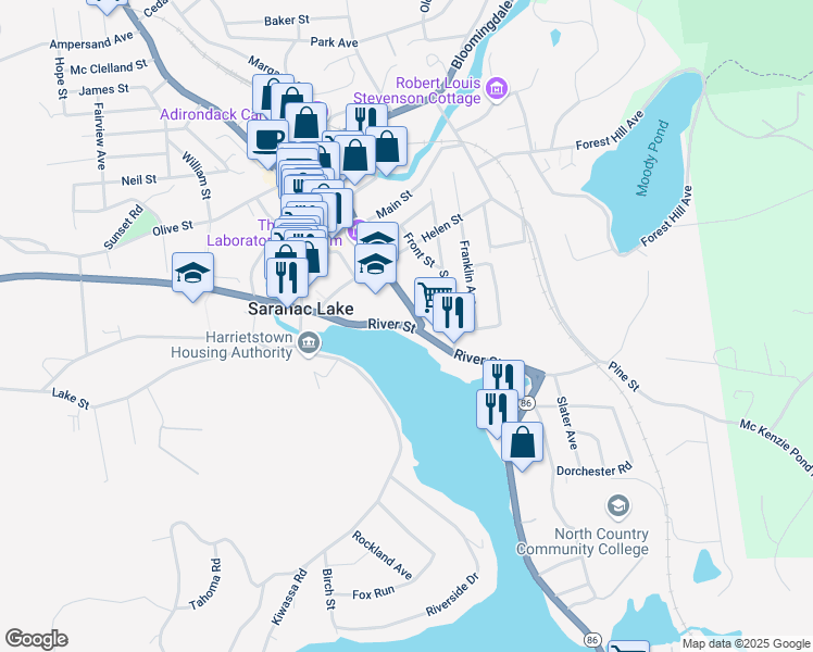 map of restaurants, bars, coffee shops, grocery stores, and more near 30 River Street in Saranac Lake