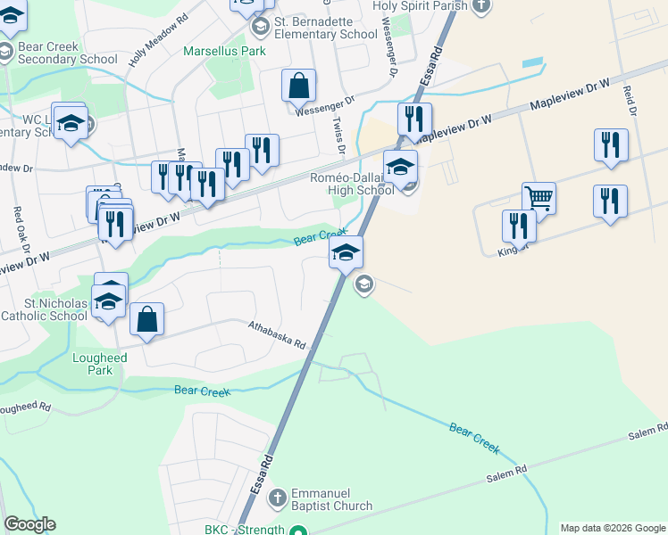 map of restaurants, bars, coffee shops, grocery stores, and more near 791 Essa Road in Barrie