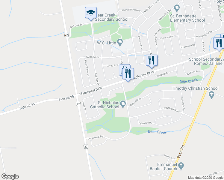 map of restaurants, bars, coffee shops, grocery stores, and more near Assiniboine Drive in Barrie