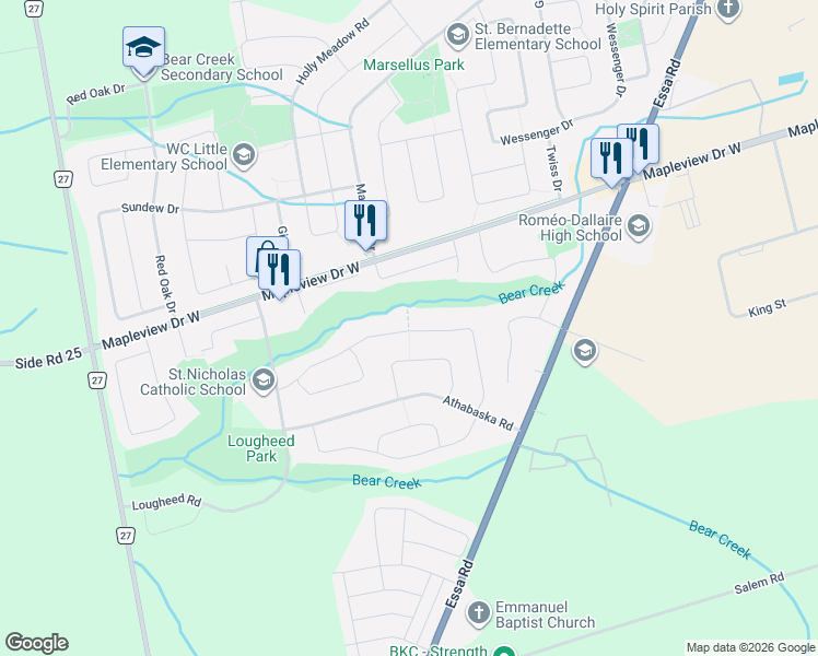 map of restaurants, bars, coffee shops, grocery stores, and more near 54 Columbia Road in Barrie