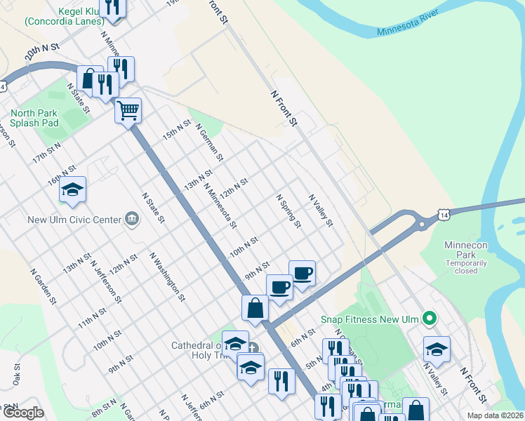 map of restaurants, bars, coffee shops, grocery stores, and more near 313 11th North Street in New Ulm