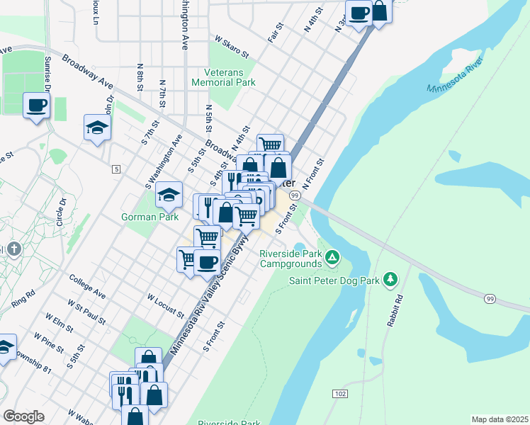 map of restaurants, bars, coffee shops, grocery stores, and more near 200 South Minnesota Avenue in Saint Peter