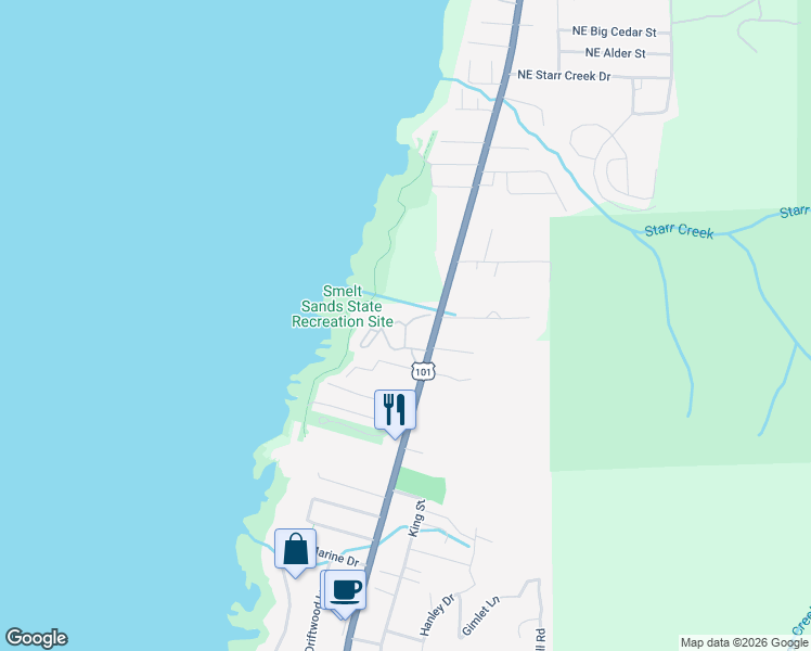 map of restaurants, bars, coffee shops, grocery stores, and more near 2088 Overleaf Loop in Yachats