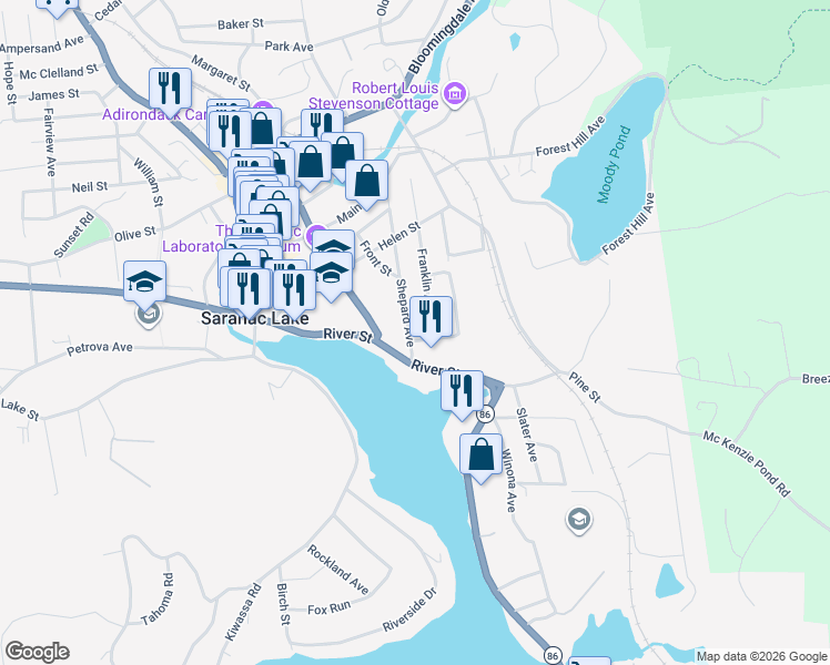 map of restaurants, bars, coffee shops, grocery stores, and more near 26 Shepard Avenue in Saranac Lake