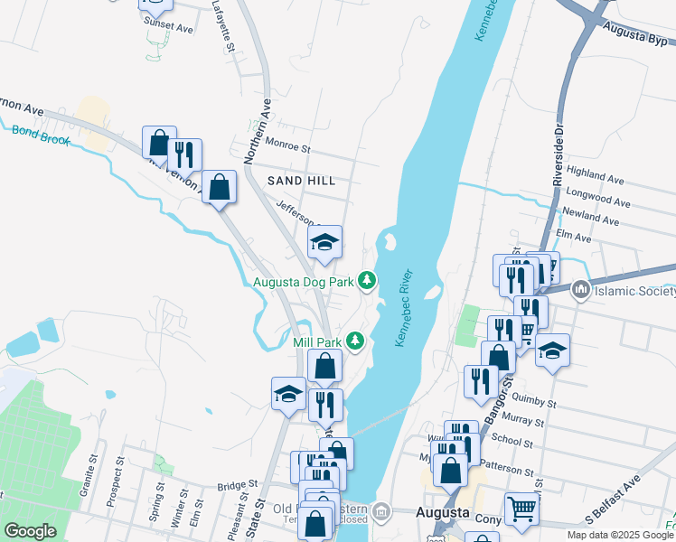 map of restaurants, bars, coffee shops, grocery stores, and more near 6 Waldo Street in Augusta